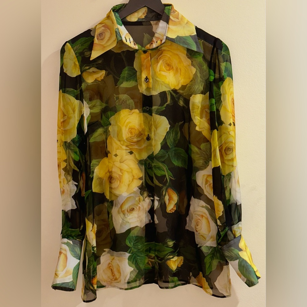 💜Dolce & Gabbana Chiffon Shirt with Yellow Rose Print